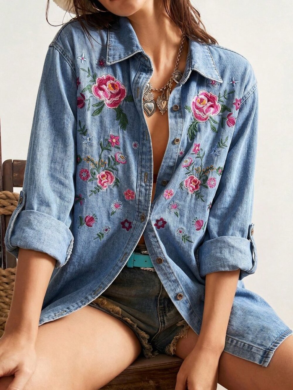 Baby Blue Casual Women's Boho Floral Embroidered Shirt